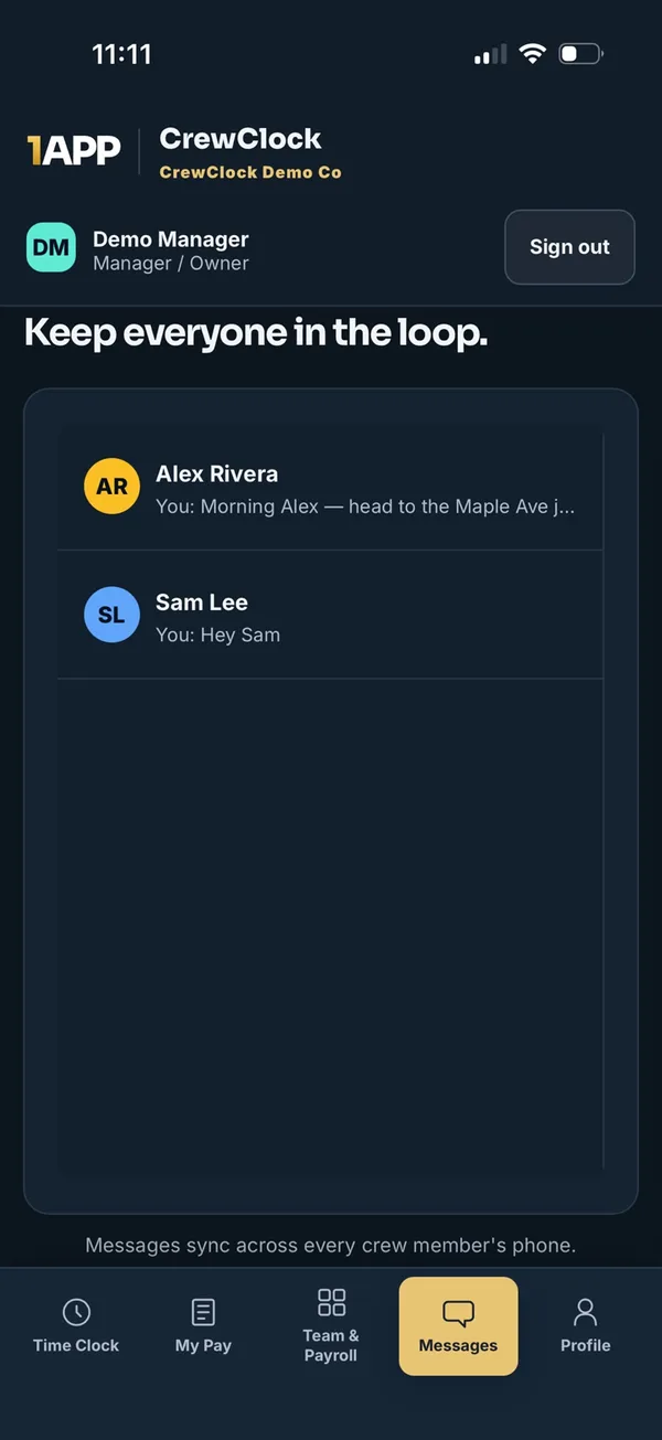 Crew messaging screen