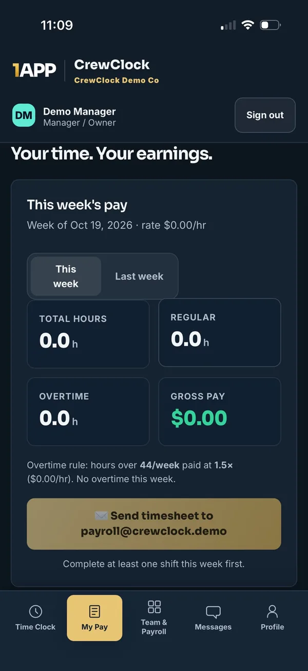 My pay screen with send timesheet button