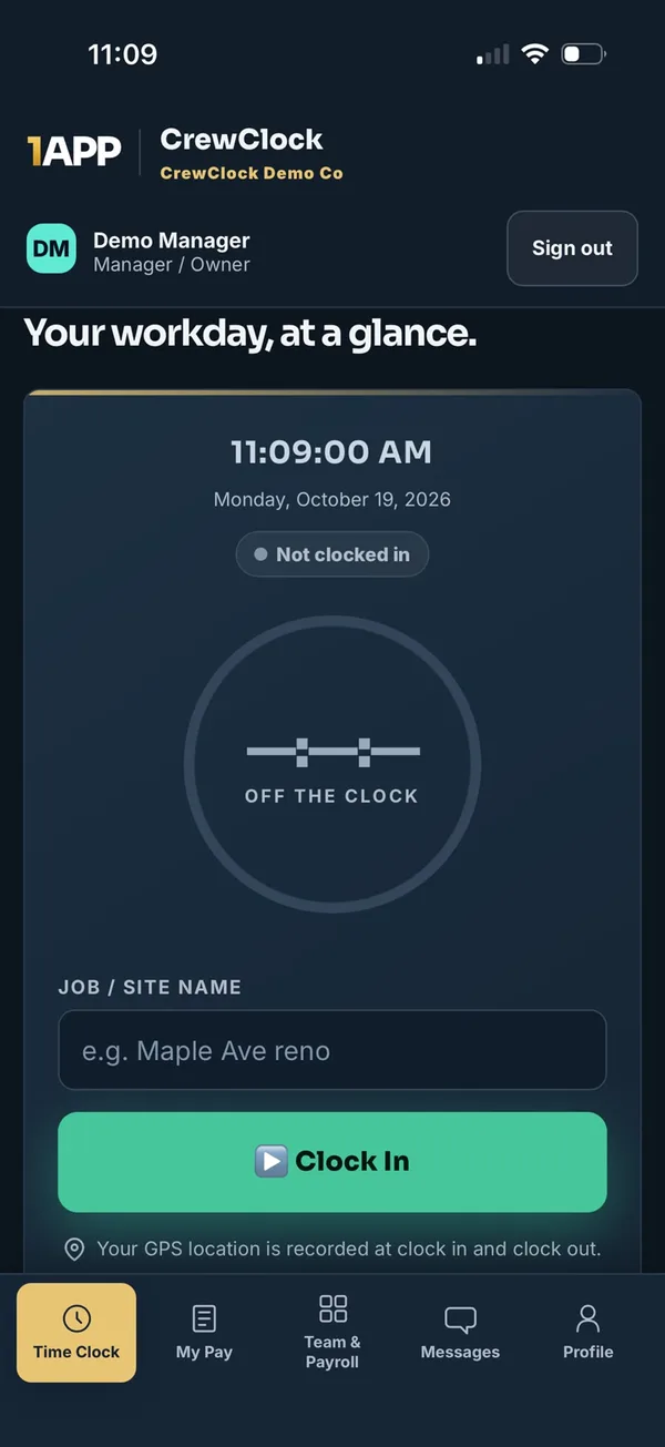CrewClock time clock screen with GPS clock-in button